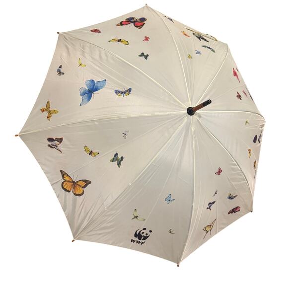 Vintage WWF WORLD WILDLIFE FUND Charity 41” Umbrella BUTTERFLIES Wooden Handle - Picture 1 of 4
